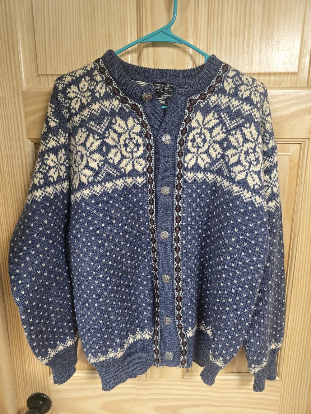 Blue and Cream Nordic Button-Up Women's Sweater Cardigan